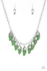 Paparazzi Rule The Roost Green Silver Feather Fringe Necklace Earring Set Silver Feather Green Feather Necklace Necklace