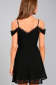 Absolutely Unforgettable Black Lace Off The Shoulder Dress Lulus Black Lace Dress Lace Trim Shorts Dresses
