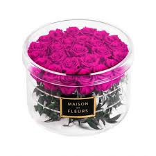 Year long flowers in a box. 25 Long Life Fuschia Roses In A Clear Acrylic Round Box 30x20cm