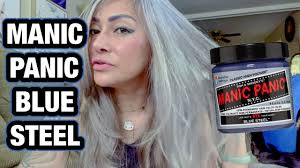 Bad boy blue is not just for your hair—we also have this color in a lethal lipstick. Manic Panic Blue Steel Classic With Brassy Gray Hair Gray Hair Transition Gray Hair Problems Youtube