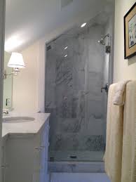 Frameless Glass Door By Drexler Small Attic Bathroom Attic Bathroom Sloped Ceiling Bathroom