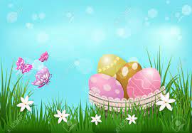 The decorative easter eggs with different patterns and different sizes on a blue background. Eggs In The Basket With Flower And Butterflies Easter Day Background Royalty Free Cliparts Vectors And Stock Illustration Image 96055487