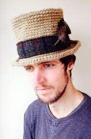 Unisex Top Hat In Crocheted Hemp Yarn With Dark Grey Tweed Hat Band And Feather Hat Pin From Ireland Tweed Hat Hat Band Hemp Hat