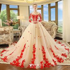 Eine große auswahl an eleganten kleidern findest du hier » bonprix Schone Champagner Durchsichtige Brautkleider Hochzeitskleider 2018 Ballkleid Rundhalsausschnitt Lange Armel Ruckenfreies Rot Applikationen Spitze Perlenstickerei Kathedrale