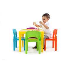 Tot tutors table & chair set unboxing & review | mommy mirjana. Tot Tutors Kids Plastic Table And 4 Chairs Set Vibrant Colors Overstock 22101945 Blue