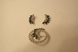 Vintage signiert b. David grün & klar Strass Brosche Ohrring Set