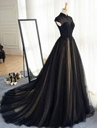 Chic A Line High Neck Black Tulle Floor Length Modest Prom Dress Evening Dress Am565 Prom Dresses Modest Tulle Evening Dress Black Wedding Gowns