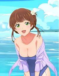 sakurazaka shiori, fuufu ijou koibito miman., highres, official art, 1girl,  beach, bikini, breasts, brown hair, green eyes, large breasts, one