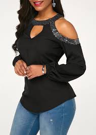 Cold Shoulder Long Sleeve Black Blouse Rotita Com Usd 26 58 Ladies Tops Blouses Black Blouse Long Sleeve Ladies Tops Fashion