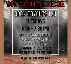 🚨WOW FACTOR 12U TRYOUTS🚨 We are looking for 1 pitcher and 1 utility to  finish out our roster. Tryouts will be held at Nexgen Athletics 7609  Maynardville Pike Knoxville, TN 37938 from