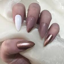 Efficient, convenient and stylish with a rose gold finish. Nude White And Rose Gold Stilettos Nails By Georgia
