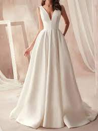 A Line Wedding Dresses V Neck Floor Length Satin Sleeveless Simple With 2021 2021 Us 158 94 In 2021 Pleated Wedding Dresses A Line Wedding Dress With Sleeves A Line Wedding Dress