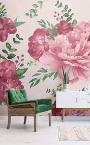 Papier Peint Aux Pivoines Et Roses Roses Murals Wallpaper In 2020 Floral Print Wallpaper Pink Floral Wallpaper Pink Walls