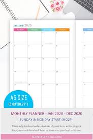 A5 Planner Monthly Calendar 2020 Printable Planner Inserts With Images Printable Planner Planner Printables Free Free Monthly Planner