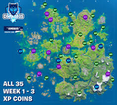 There are two purple coins, three blue coins, and four green coins to track down. Comrad3s Yt On Twitter Here Is A Map I Made To Show All 35 Xp Coins From Week 1 To Week 3 In Fortnite Chapter 2 Season 3 Hope These Guides Helps Everyone