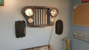 Jeep Cj 5 Cj 7 Grill Wall Hanger With Tires Real Working Headlights And Park Lamps Automotive Decor Car Furniture Garage Furniture