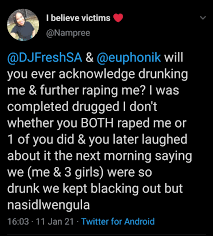 Primedia broadcasting is aware of the media statement regarding a decision not to prosecute the case against dj fresh and euphonik, released. Mrs Jackson On Twitter Yesterday Nampree Accused Djfreshsa And Euphonik Of Drugging Her And Further Raping Her