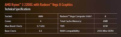 Amd ryzen 3 2200g specifications. Amd Ryzen 3 2200g Quad Core 3 5 Ghz Boost Desktop Processor Retail Newegg Com