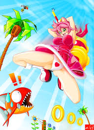 amy rose, sonic (series), red footwear, 1girl, animal ears, boots, breasts,  capelet, cleavage, dress, female focus, gloves, gradient background, green  eyes, hammer, high heels, panties, personification, pink hair, shoes, short  hair, skirt,