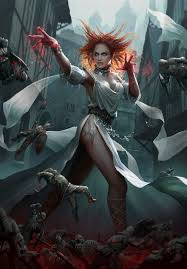 gwent (game), the witcher (series), highres, non-web source, 1girl,  architecture, blue eyes, building, coral, dress, european architecture,  half-timbered, magic, orange hair, outdoors, tattoo, white dress - Image  View - | Gelbooru -