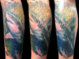 109 amazing shark tattoo designs for men. Realism Style Colored Leg Tattoo Of Detailed Underwater Shark Tattooimages Biz