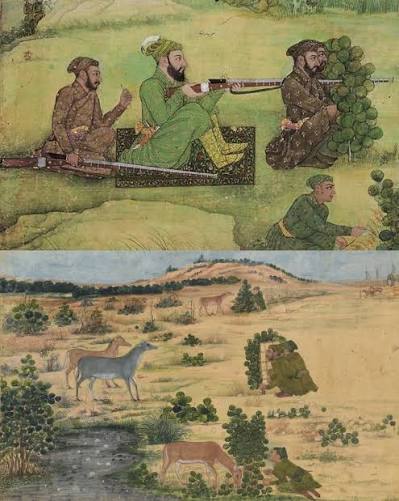 These four paintings depict hunting scenes during the Mughal period. In the first painting, Aurangzeb is shown hunting nilgais, circa 1660, while in the second, his elder brother Dara Shukoh is seen