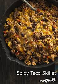 Tacos Just Became Easier With This One Pan Skillet Recipe Ground Beef Bell Peppers Black Beans And Rice Simmered Spicy Tacos Spicy Recipes Ground Beef Tacos