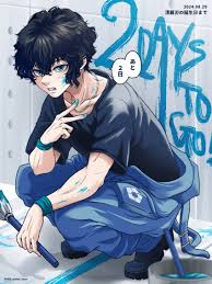 kiyora jin, blue lock, absurdres, highres, 1boy, black hair, black shirt,  blue eyes, blue pants, bracelet, brush stroke, hand up, jewelry, long hair,  looking at viewer, messy hair, open mouth, paint, paint