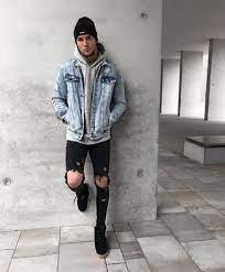It became popular in the 1970s. Men S Light Blue Denim Jacket Grey Hoodie Black Ripped Skinny Jeans Black Suede High Top Sneakers Denim Jacket With Hoodie Mens Clothing Styles Mens Fashion Fall