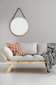Solid gray throw pillow cover, gray sofa cushions, lumbar pillow, 20x20, 22x22, 24x24, 26x26, 30x30, 55x55, 60x60, 65x65. Round Mirror Hanging On The Wall In Bright Living Room Interior With Light Grey Sofa With Cushion And Blanket In Real Photo Stock Image Image Of Design Room 140889059