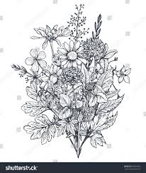 Vector Floral Bouquets With Black And White Hand Drawn Herbs And Wildflowers In Sketch Style Flower Drawing Design Flower Drawing Wildflower Drawing