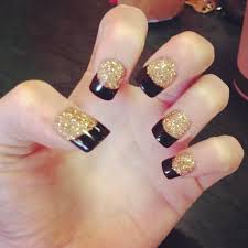 Acrylic Black And Gold Glitter Nails Black Tips With Gold Glitter Gold Nails Prom Black Gold Nails Gold Nails