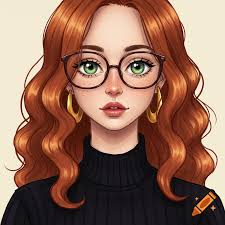 Stylized portrait of a woman with red hair, glasses, and a black  turtleneck.