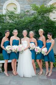 Bridesmaids In Cerulean Blue Knee Length Dresses Wedding Bridesmaids Dresses Blue Bridesmaid Wedding