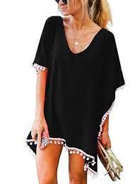 Women S Pom Pom Trim Kaftan Chiffon Swimwear Beach Cover Up Black Cz18cin7wsh Stylish Beachwear Stylish Swimsuits Chiffon Beachwear