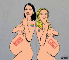 Elly Schlein and Giorgia Meloni naked and pregnant: a mural on motherhood  in Milan