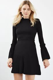 Black Flute Sleeve Skater Dress Topshop Black Long Sleeve Dress Nice Black Dress Top Shop Dress