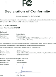 After the successful conformity assessment, the manufacturer places the ce mark on the products and issues a declaration of conformity for the respective product. 1521dtt C1 Medical Station Cover Letter Declaration Of Conformity Fcc Subpart 18 Onyx Healthcare Lnc