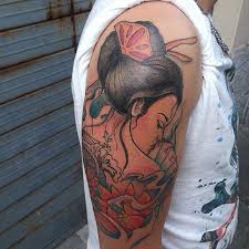 Playing cards tattoo on shoulder. Vintage Painting Like Colored Asian Geisha Tattoo On Shoulder With Playing Cards Tattooimages Biz