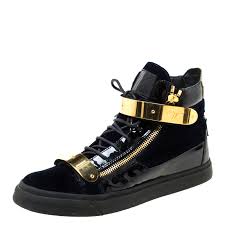 Giuseppe Zanotti Black Navy Blue Velvet And Patent Leather Coby High Top Sneakers Size 44