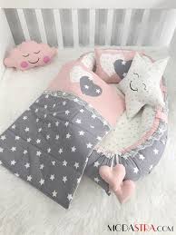 Modastra Grey And Powder Colored Babynest Set Baby Pillows Baby Shower Deco Baby Crib Sets