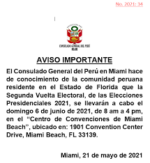 Hoy, domingo 6 de junio, se llevará a cabo la segunda vuelta de las elecciones generales de perú de 2021, para la que han sido habilitados más de 25 millones de peruanos con el objetivo de. Donde Votar En Miami Elecciones Peru 2021 Segunda Vuelta Miamihispano Com