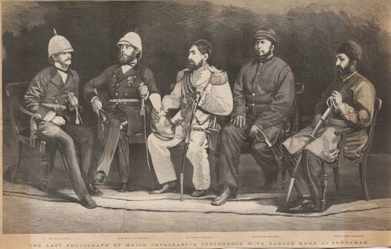 Ameer Yaqub Khan of Afghanistan with Major Cavagnari, at Gandamak, 1879. From 'The Graphic' The Afghan right next to Ameer Yaqub is Daud Shah Khan, a Ghilzai Pashtun who was Commander-in-Chief of