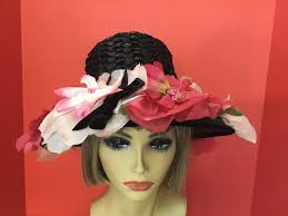 Floral Audrey Style Hat With Flowers, Midcentury Garden Party, Derby Summer  Hat, 1960's Black Cello Hat With Large Flowers, Wide Brimmed Hat