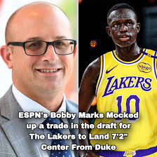 ESPN's Bobby Marks just mocked a trade-up in the draft that lands the  Lakers Khaman Maluach, with the Lakers giving up Knecht and their 2031  first-round pick. Would absolutely love bringing in