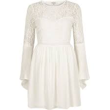 River Island Cream Lace Long Bell Sleeve Dress 84 Liked On Polyvore Featuring Dresses White Lace Cocktail Dress Lace Swing Dress Long White Cocktail Dress