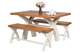 Country Oak 140cm Cream Painted Cross Leg Square Table 2 120cm Cross Leg Cream Bench Set