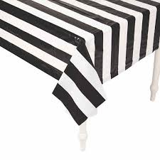 Black And White Striped Tablecloth Black White Striped Plastic Tablecloth Roll Oriental Trading In 2020 Table Cloth Striped Tablecloths Black White Stripes