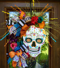 Day Of The Dead Sugar Skull Wreath Loaded With Color For Halloween Www Facebook Com Southernsass Halloween Crafts Halloween Decorations Skull Wreath
