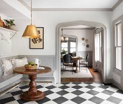 Gorgeous Breakfast Nook In A Kitchen With European Inspired Design Black And White Check Floors Light Grey Tri Fixer Upper House Tudor Style Homes Home Decor